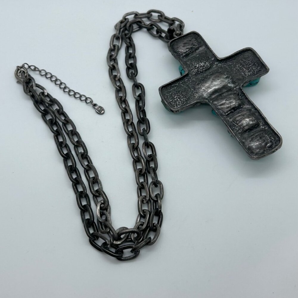 Turquoise Color Stone Cross Pendant Silver Tone Necklace Southwestern Boho - Picture 10 of 16